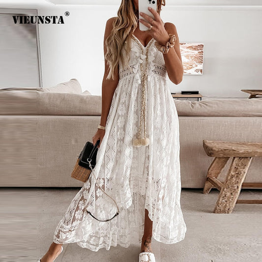 Off Shoulder Lace Patchwork Elegant Dress Women Summer 2021 V Neck Spaghetti Strap Dress Female New Fashion Solid Party Dresses