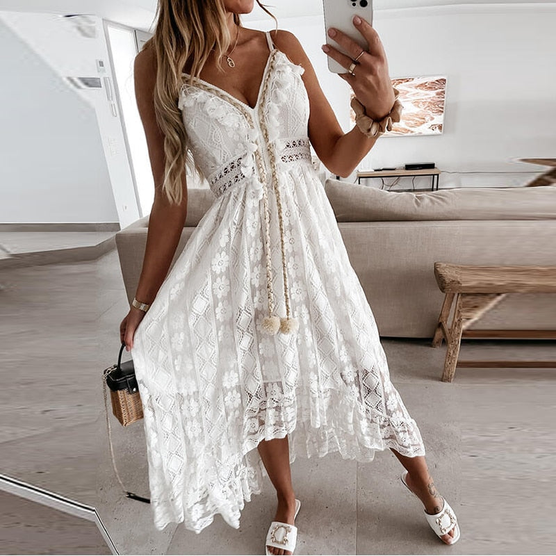 Off Shoulder Lace Patchwork Elegant Dress Women Summer 2021 V Neck Spaghetti Strap Dress Female New Fashion Solid Party Dresses