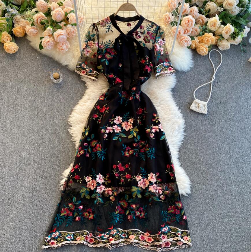 Women Dress 2022 Summer French Vintage Ladies Temperament Bow Collar Flowers Embroidery Elegant Dress Party Vestido