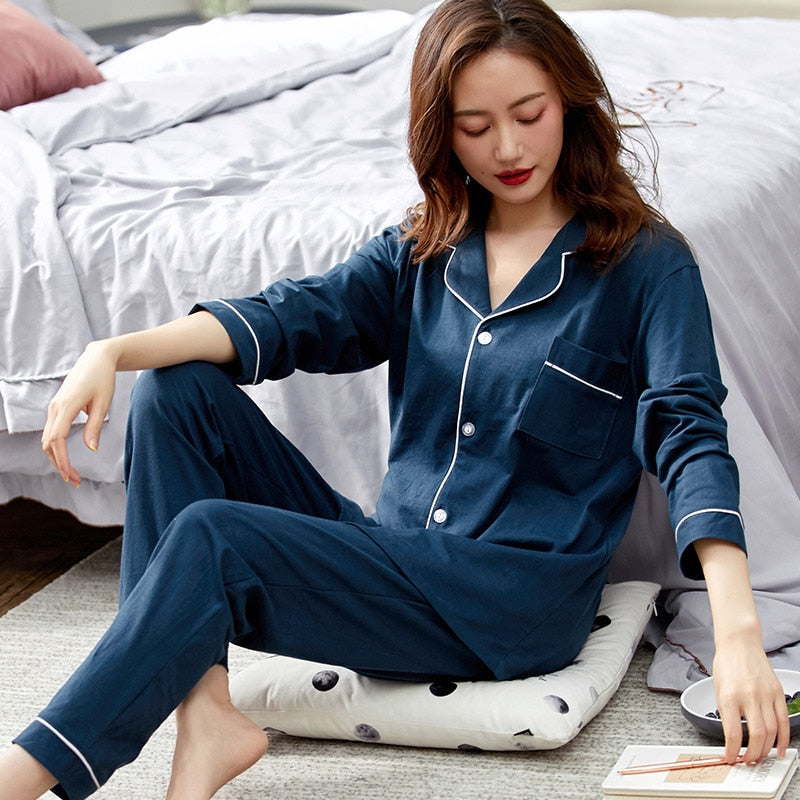 Women 100% Cotton Pajamas Winter Dormir Lounge Sleepwear Solid