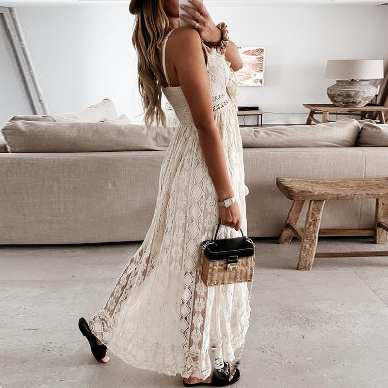 Off Shoulder Lace Patchwork Elegant Dress Women Summer 2021 V Neck Spaghetti Strap Dress Female New Fashion Solid Party Dresses