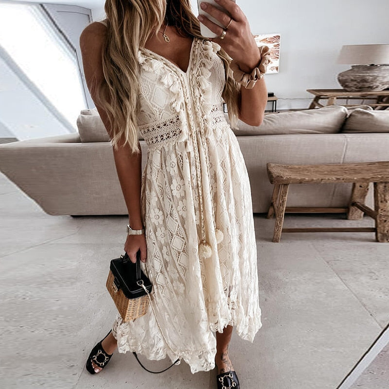 Off Shoulder Lace Patchwork Elegant Dress Women Summer 2021 V Neck Spaghetti Strap Dress Female New Fashion Solid Party Dresses