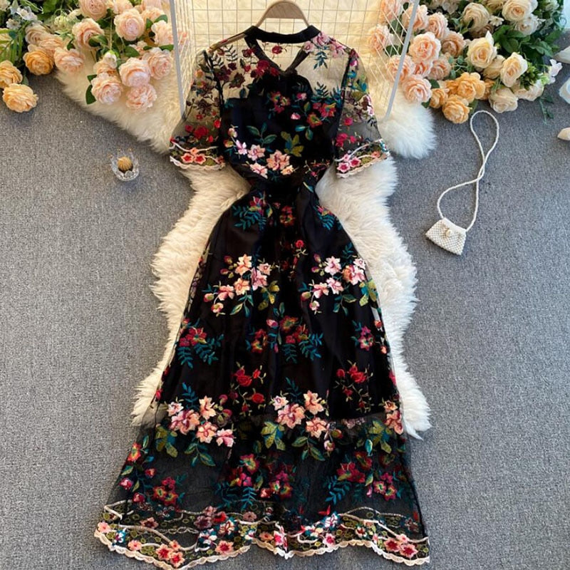 Women Dress 2022 Summer French Vintage Ladies Temperament Bow Collar Flowers Embroidery Elegant Dress Party Vestido