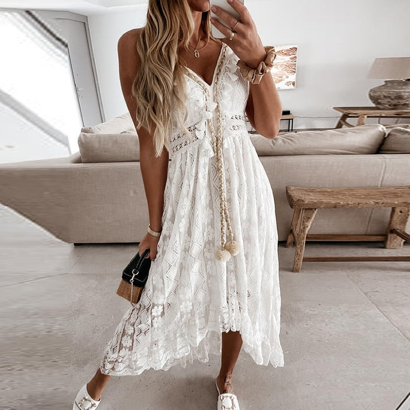 Off Shoulder Lace Patchwork Elegant Dress Women Summer 2021 V Neck Spaghetti Strap Dress Female New Fashion Solid Party Dresses