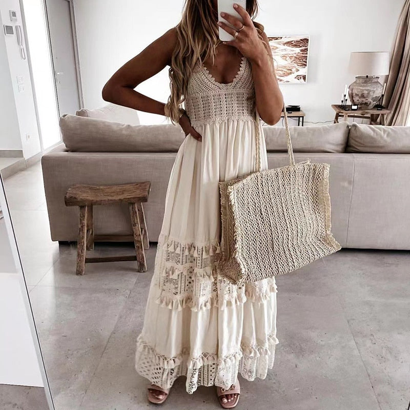 Off Shoulder Lace Patchwork Elegant Dress Women Summer 2021 V Neck Spaghetti Strap Dress Female New Fashion Solid Party Dresses