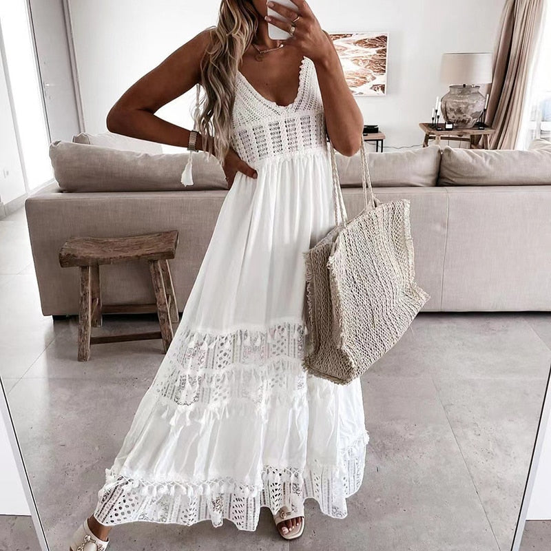 Off Shoulder Lace Patchwork Elegant Dress Women Summer 2021 V Neck Spaghetti Strap Dress Female New Fashion Solid Party Dresses